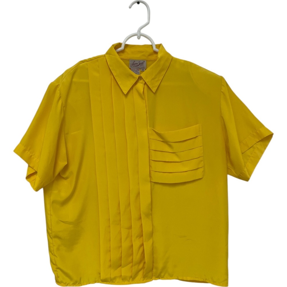 Laura Scott Button Up‎ CEO Blouse Womens 14 Yellow Pleated Pocket Vintage